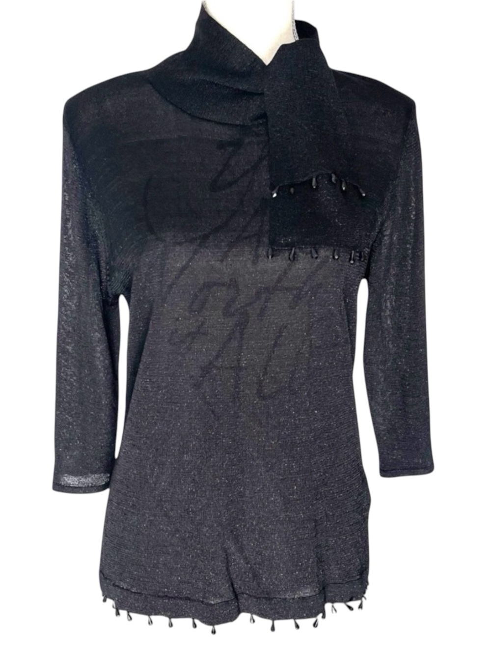 SPANNER Black Shimmery Sheer Knit Top Tie Neck Beaded Fringe (M)